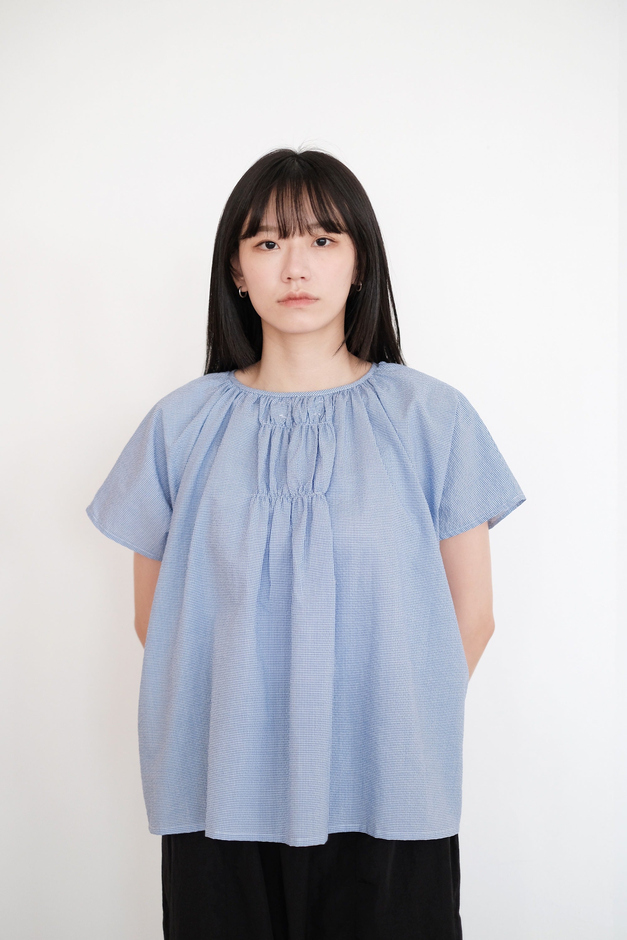 PAIGE GATHERED BLOUSE (CHECKERED BLUE)